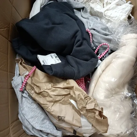 BOX OF APPROXIMATELY 20 ASSORTED CLOTHING ITEMS IN VARIOUS STYLES , COLOURS AND SIZES 