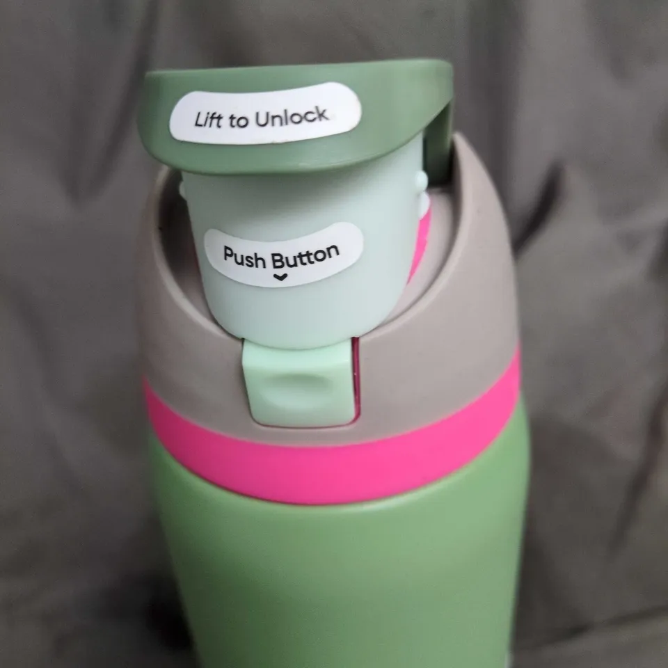 OWALA INSULATED WATER BOTTLE – GREEN BODY WITH PINK BAND AND LILAC LABEL (LEAK-PROOF LID)