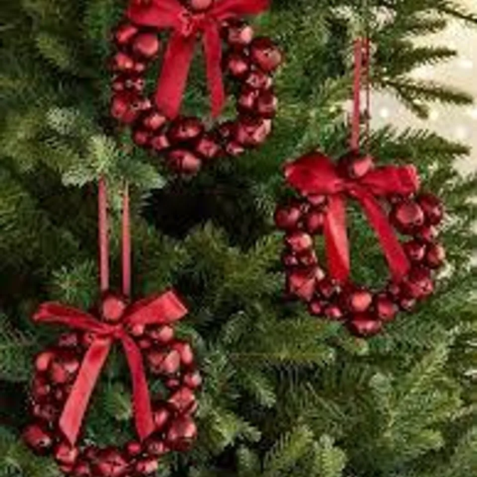 BOXED SET OF 3 RED BELL WREATH CHRISTMAS TREE ORNAMENTS (1 BOX)