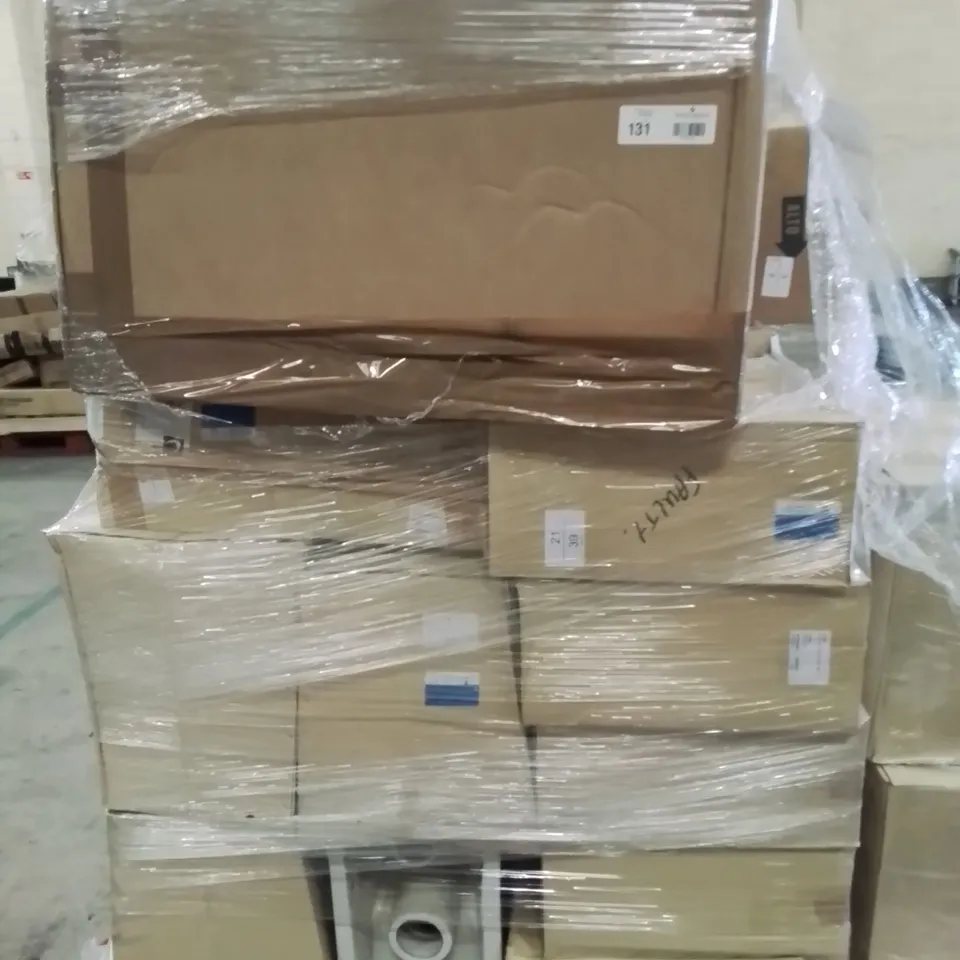 PALLET OF ASSORTED BATHROOM ITEMS INCLUDING, AURORA SR CERAMIC BASINS, TWO DRAWER VANITY UNITS, PORTLAND BTW WC PANS, 