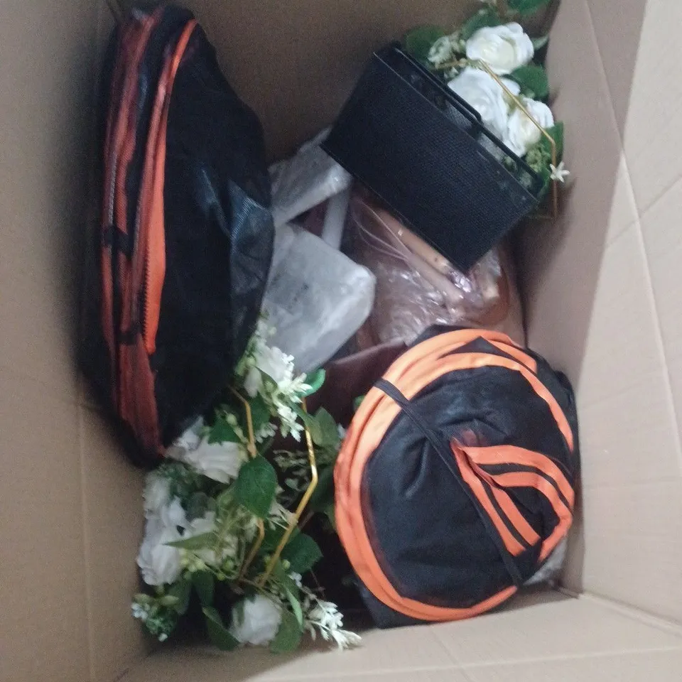 BOX OF APPROXIMATELY 20 ASSORTED HOUSEHOLD ITEMS INCLUDING BAND SAW BLADES , VACUUM CLEANER PART AND LAMINATING POUCHES