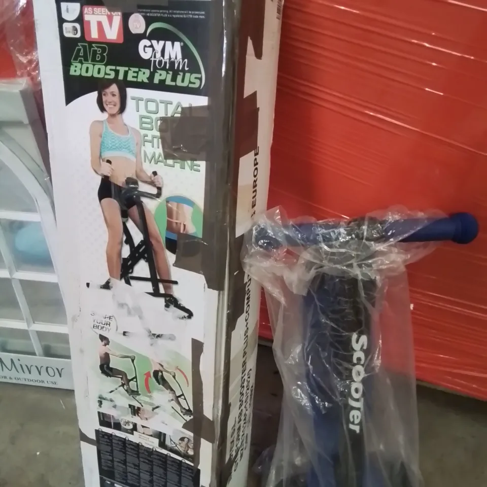 PALLET OF ASSORTED ITEMS TO INCLUDE, AB BOOSTER PLUS, FOLDING SCOOTER, POP UP SUN SCREEN SHELTERS, VERONA MIRROR, ROUND METAL BALLOON ARCH KIT.