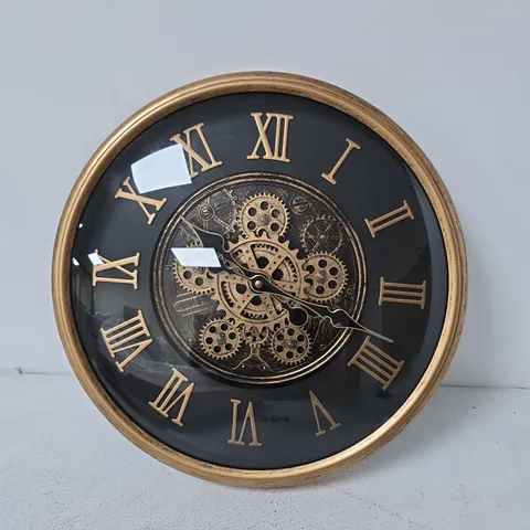 BLISS & BEYOND ROUND SKELETON GEAR WALL CLOCK – GOLD-TONE FRAME, ROMAN NUMERALS
