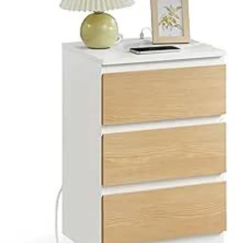BOXED VASAGLE KAILYN COLLECTION - BEDSIDE TABLE WITH POWER STRIP, SIDE END TABLE WITH DRAWERS (1 BOX)
