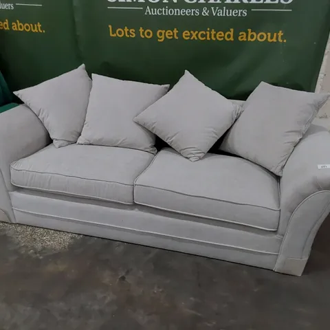 DESIGNER THREE SEATER SOFA WITH SCATTER CUSHIONS LIGHT GREY FABRIC