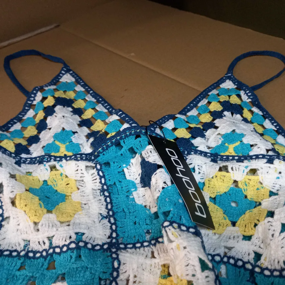 BOOHOO BLUE PATCHWORK CROCHET MINI DRESS - SMALL/MEDIUM