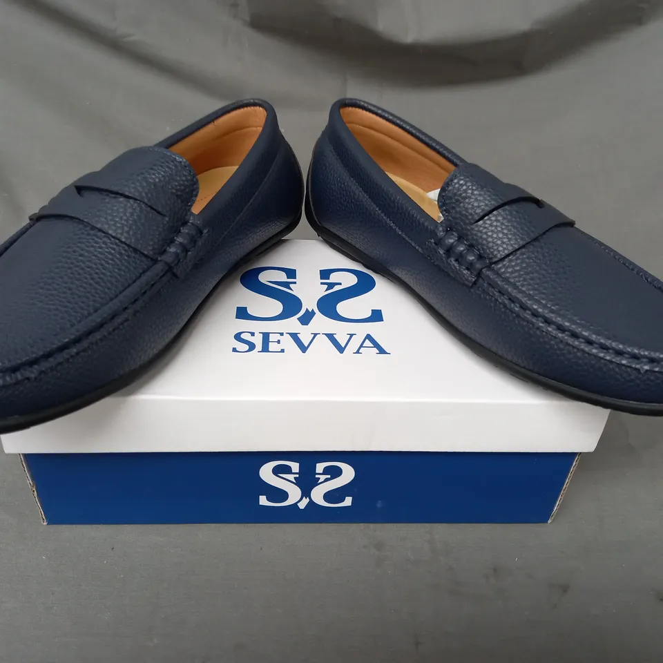 BOXED PAIR OF SEVVA LOAFERS IN NAVY UK SIZE 5