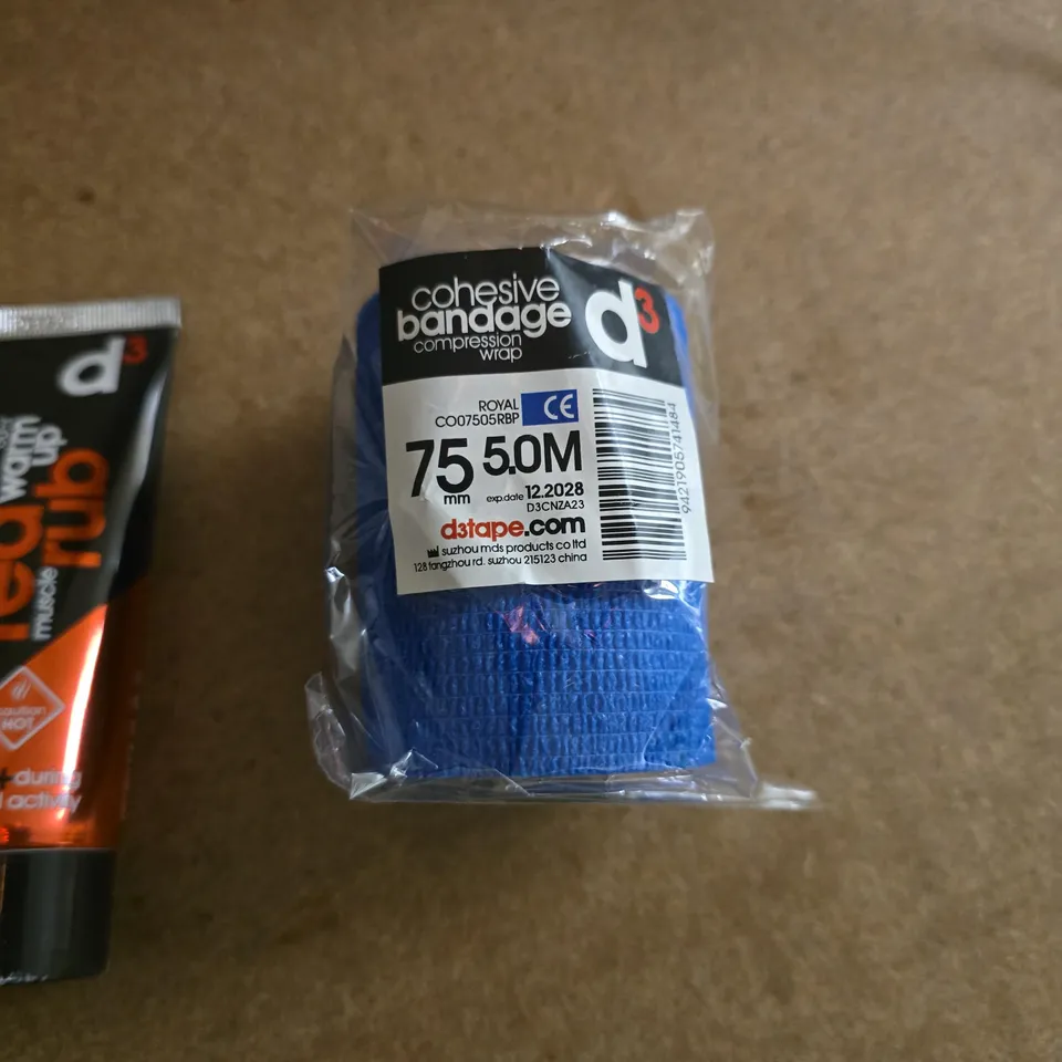 BOX OF APPROXIMATELY 7 PIECES OF SPORTS RECOVERY KIT INCLUDING D3 RED WARM UP MUSCLE RUB, D3 COHESIVE BANDAGE AND D3 K6.0 KINESIOLOGY TAPE