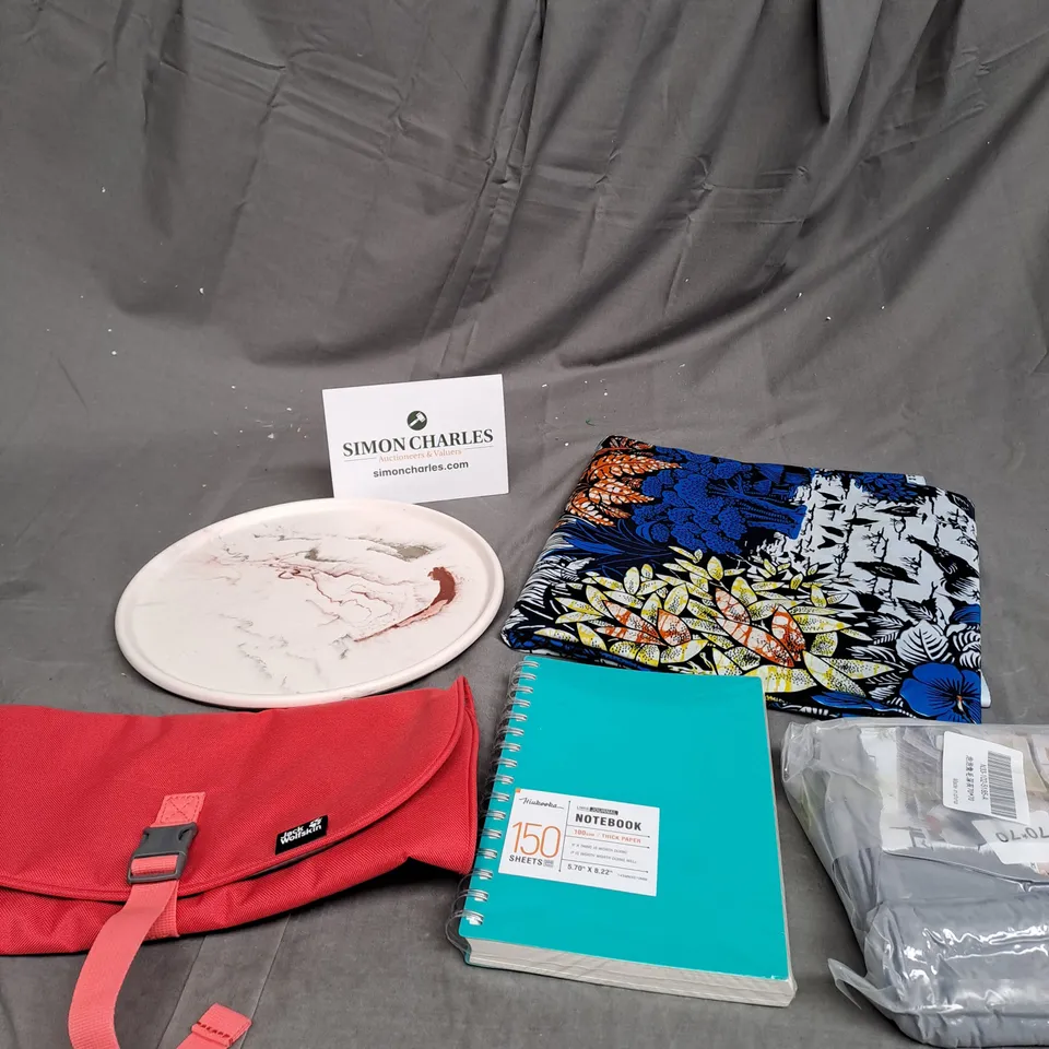 APPROXIMATELY 10 ASSORTED HOUSEHOLD PRODUCTS TO INCLUDE NOTEBOOK, CANDLE PLATE, SOFA COVERS ETC