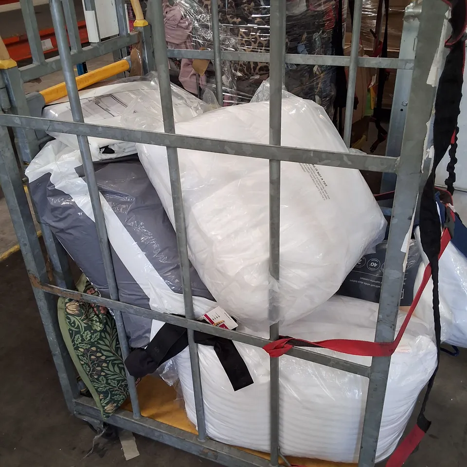 CAGE CONTAINING ASSORTED PILLOWS & BED SHEETS