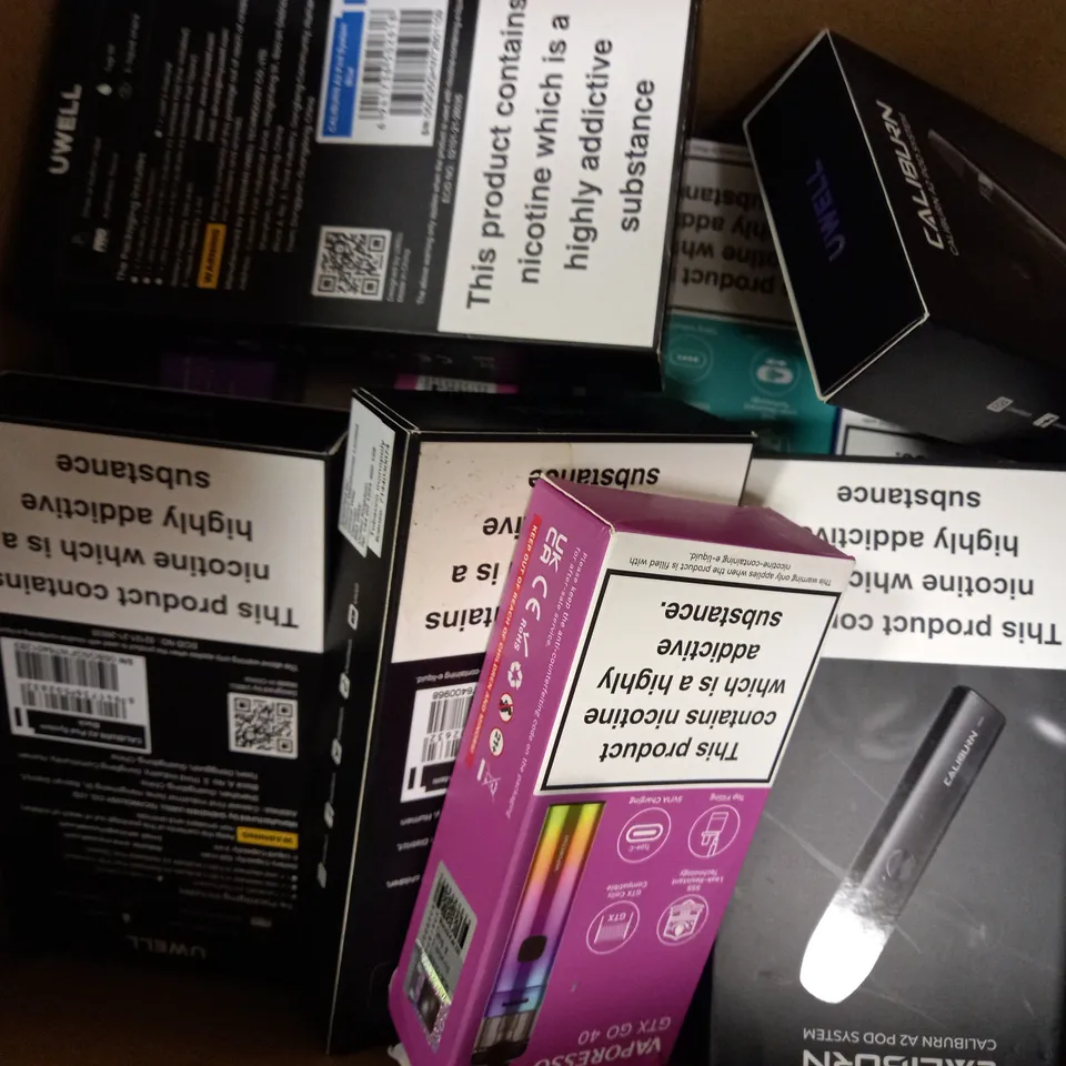 APPROXIMATELY 20 ASSORTED BOXED VAPING PRODUCTS TO INCLUDE UWELL CALIBURN A2 POD SYSTEM, VAPORESSO TARGET 100 MOD, VAPORESSO XROS 2 ETC.