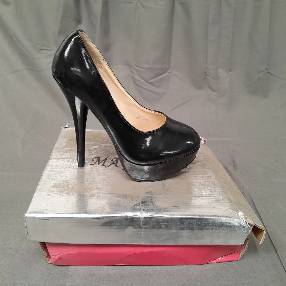 BOXED PAIR OF MAGNOLIA PLATFORM HEELS IN BLACK PATENT SIZE EU 37