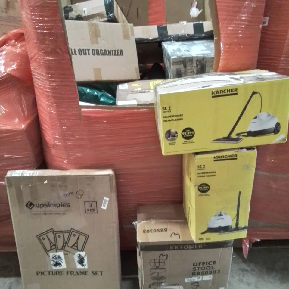 PALLET OF VARIOUS ASSORTED BOXED HOUSEHOLD ITEMS TO INCLUDE. KARCHER STEAM CLEANERS, PICTURE FRAME SET, OFFICE STOOL, PULL OUT ORGANISER ETC.