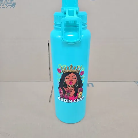TURQUOISE WATER BOTTLE WITH FLIP-TOP LID AND 'QUEEN CUNT' GRAPHIC