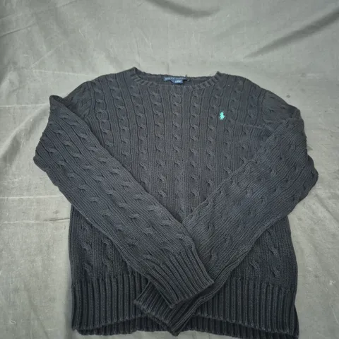 RALPH LAUREN BLACK CABLE-KNIT COTTON SWEATER WITH POLO PONY LOGO SIZE M 