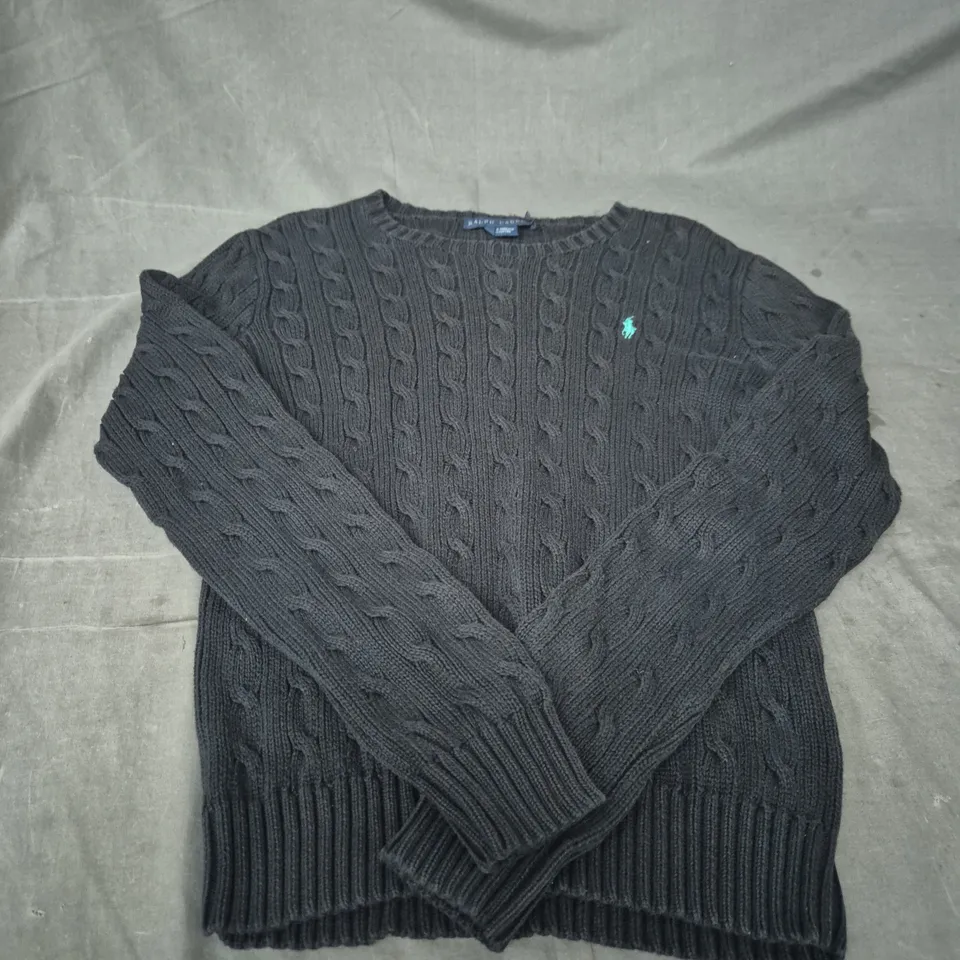 RALPH LAUREN BLACK CABLE-KNIT COTTON SWEATER WITH POLO PONY LOGO SIZE M 