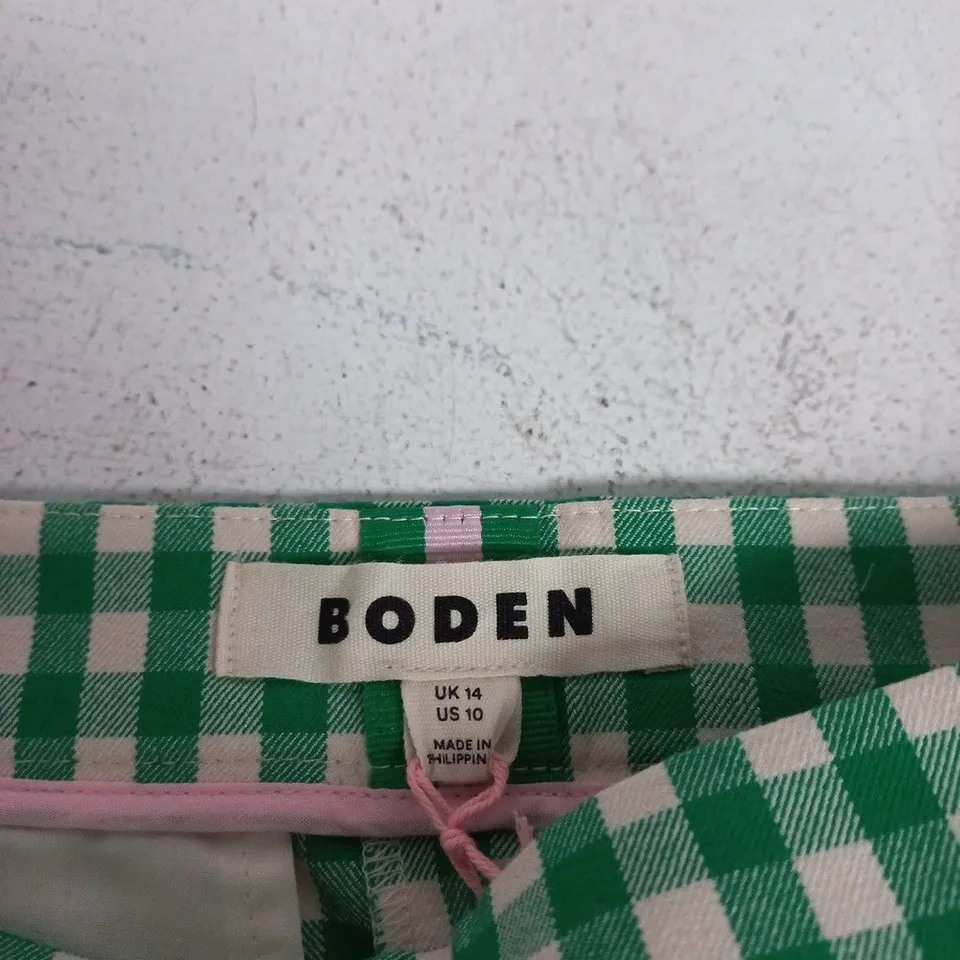 BODEN WOMEN'S CAPRI TROUSERS – GREEN & WHITE GINGHAM, UK 14 (US 10)