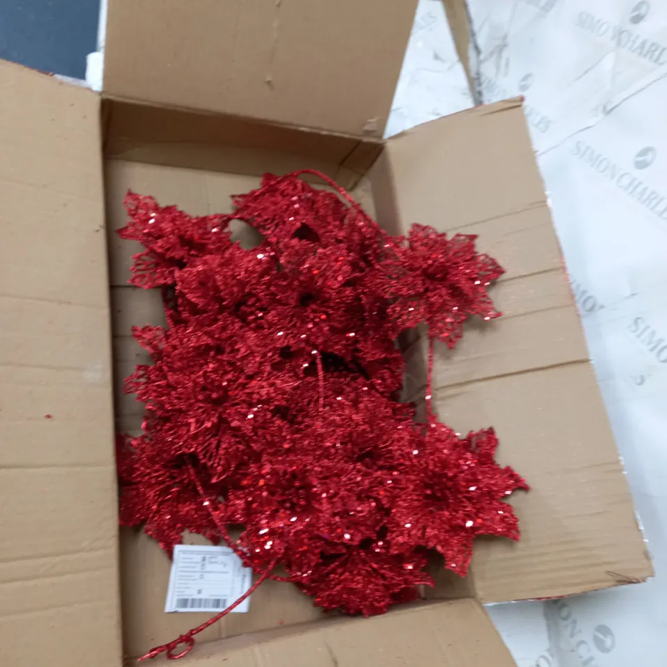 BOXED RED GLITTERY FLOWER DECORATION 