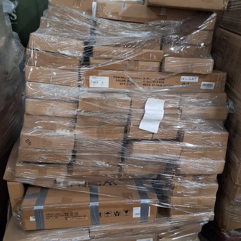 PALLET OF ASSORTED ITEMS TO INCLUDE BOXED DRESSING TABLE, MULTIPLE FLOATING SHELVES AND NIGHT STAND