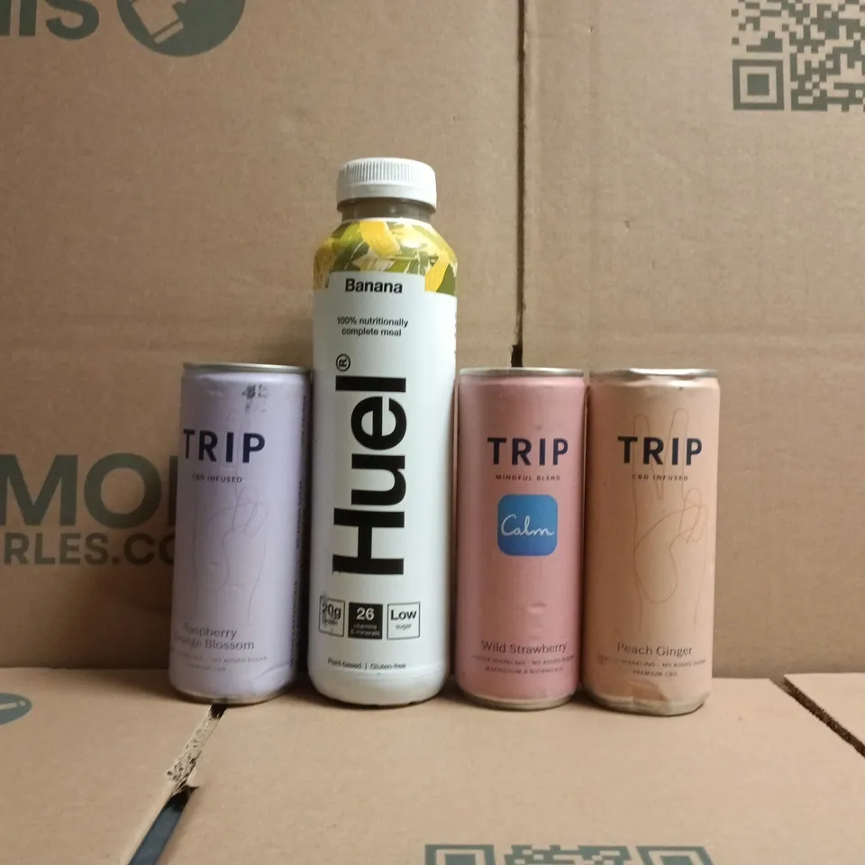 APPROXIMATELY 10 ASSORTED FOOD AND DRINK ITEMS TO INCLUDE HUEL, AND TRIP, ETC