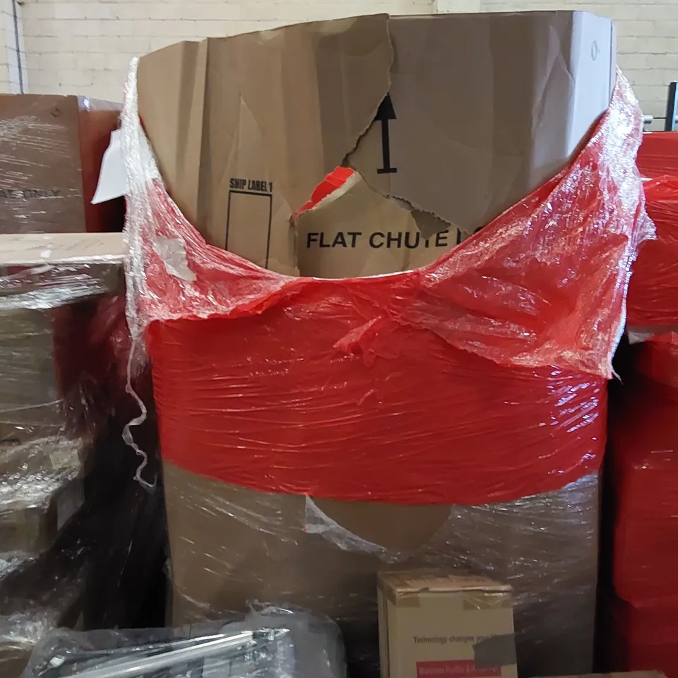 PALLET OF ASSORTED ITEMS INCLUDING: PORTABLE FREEZER REFRIGERATOR, AIR PURIFIER AND HEATER, MATTRESS TOPPER, SUITCASE, HAMMER COSTUME PROP