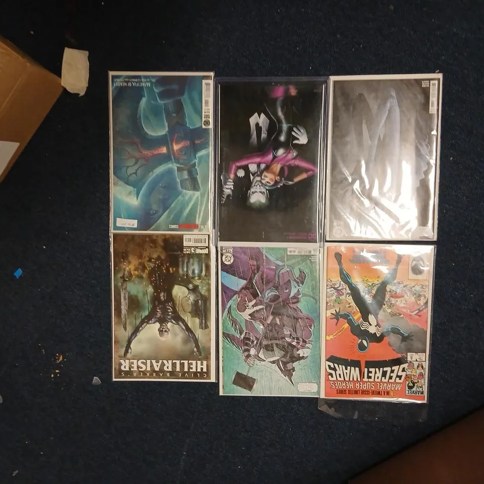 SIX ASSORTED COMICS TO INCLUDE; JOE HILL HOUSE COMICS, BATMAN, PUNCHLINE, MARVEL SUPER HEROES SECRET WARS AND HELLRAISER