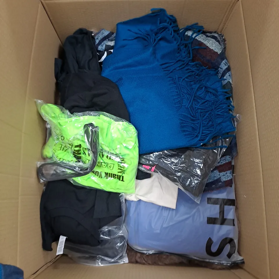 BOX OF ASSORTED CLOTHING TO INCLUDE ACCESSORIES, T-SHIRTS, PANTS ETC 