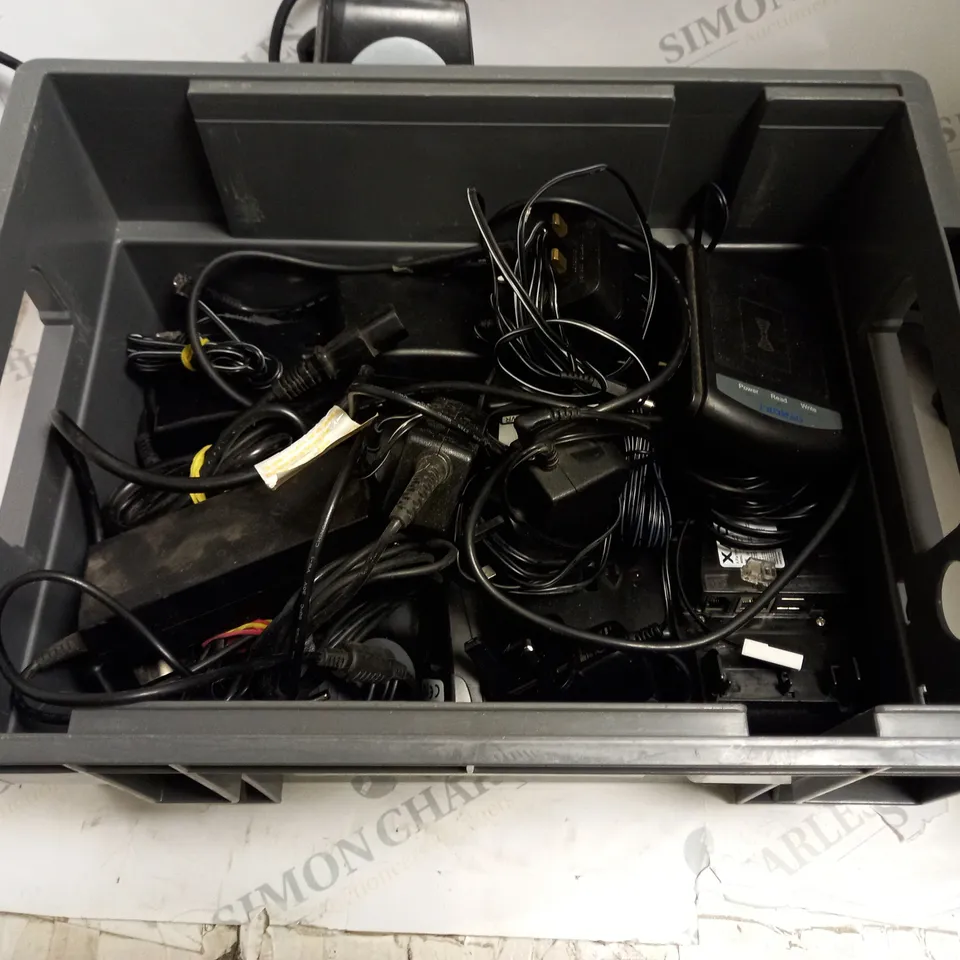 BOX TO CONTAIN AN ASSORTMENT OF TECH PRODUCTS. INCLUDES CABLES, SCANNER, CARD MACHINE ETC 