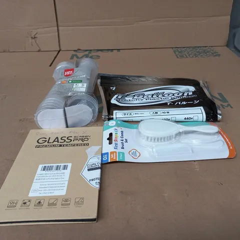 TOTE OF APPROXIMATELY 15 ASSORTED ITEMS TO INCLUDE GLASS SCREEN PRO, PLASTIC CHAMPAGNE, BALLOONS ETC