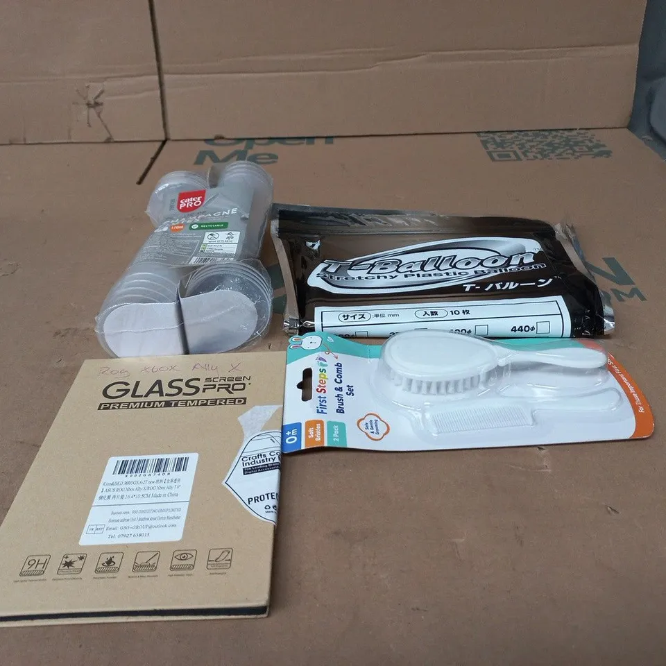 TOTE OF APPROXIMATELY 15 ASSORTED ITEMS TO INCLUDE GLASS SCREEN PRO, PLASTIC CHAMPAGNE, BALLOONS ETC