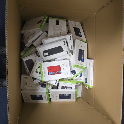 BOX OF APPROXIMATELY 30 ASSORTED PHONE CASES INCLUDING DBRAMANTE1928 GREENLAND IPHONE 13 PRO MAX PHONE CASE, DECODED IPHONE 15 PHONE CASE AND DBRAMANTE1928 IPHONE 2021 PHONE CASE
