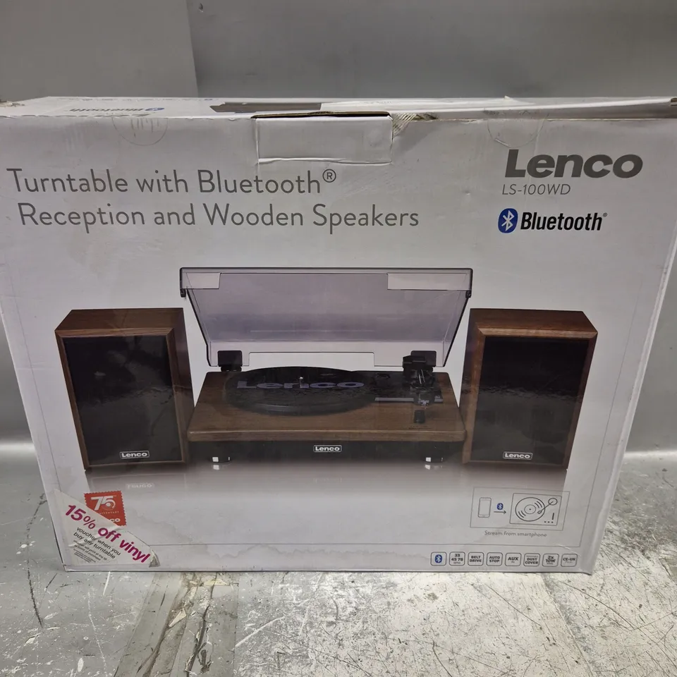 BOXED LENCO LS-100WD BELT DRIVE TURNTABLE WITH WOODEN SPEAKERS