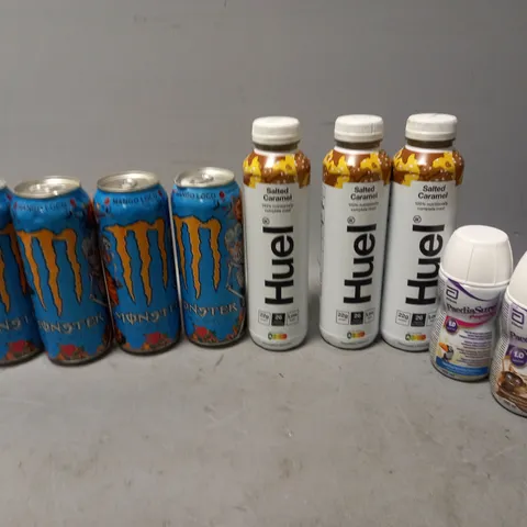 LOT OF APPROXMATELY 12 ITEMS TO INCLUDE  - HUEL SALTED CARAMEL, MONSTER MANGO LOCO, AND PAEDIASURE ETC.