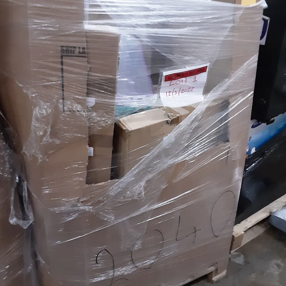PALLET OF ASSORTED PRODUCTS INCLUDING SILVER VALLEY BASKETBALL BACKBOARD, ACRALI HOME MATTRESS TOPPER, ARTIFICIAL GRASS RAKE JET SPRAY, ROUND MIRROR, BABY HIGH CHAIR