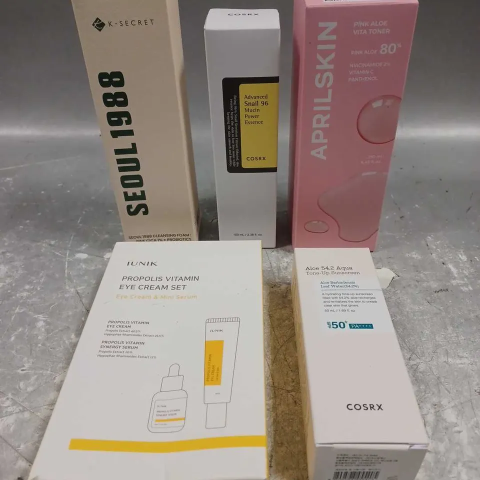 LOT OF 5 ASSORTED KOREAN SKINCARE PRODUCTS TO INCLUDE - COSRX SNAIL 96 MUCIN POWER ESSENCE - K-SECRET SEOUL 1988 CLEANSING FOAM - APRIL SKIN PINK ALOE VITA TONER - ETC