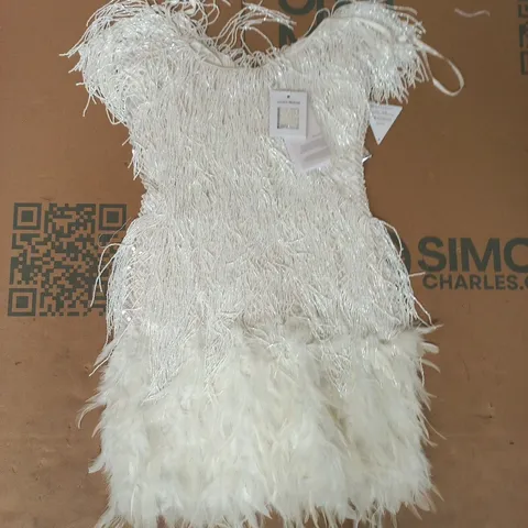NADINE MERABI WHITE FEATHERED DRESS – FANCY DRESS SIZE UK 8