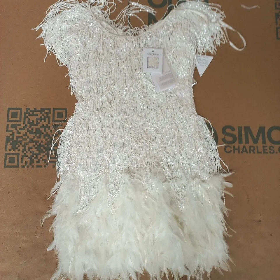 NADINE MERABI WHITE FEATHERED DRESS – FANCY DRESS SIZE UK 8