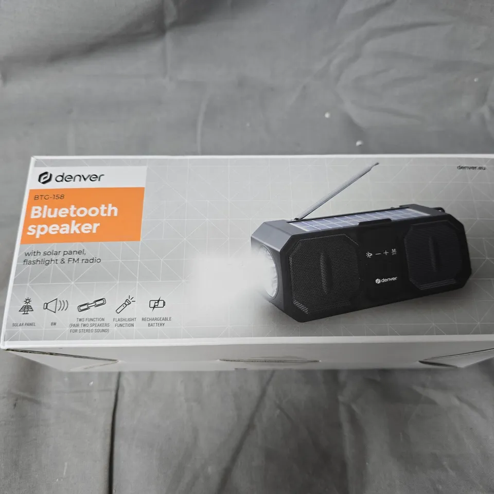 DENVER BLUETOOTH SPEAKER WITH SOLAR PANEL – PORTABLE, FLASHLIGHT & FM RADIO