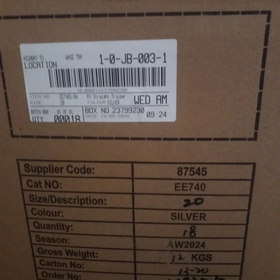 BOX CONTAINING APPROXIMATELY 18 BRAND NEW JD WILLIAMS SILVER PU STRAIGHT TROUSERS - SIZE 20