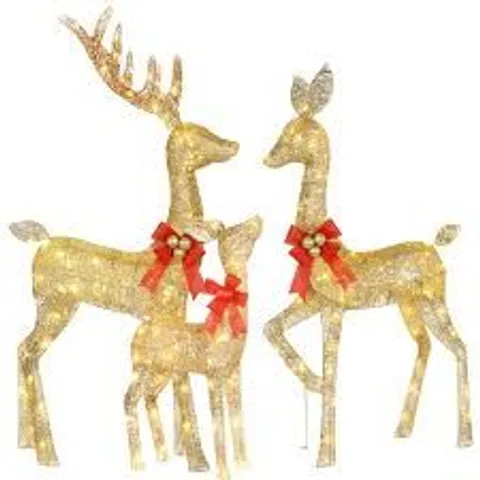 BOXED HOYECHI LIGHTED CHRISTMAS DECORATION DEER 3 PIECE, LIGHT UP CHRISTMAS DECOR REINDEER FAMILY SET FOR INDOOR OUTDOOR WITH LED LIGHTS, PLUG, EXTENSION CORD, GROUND STAKES