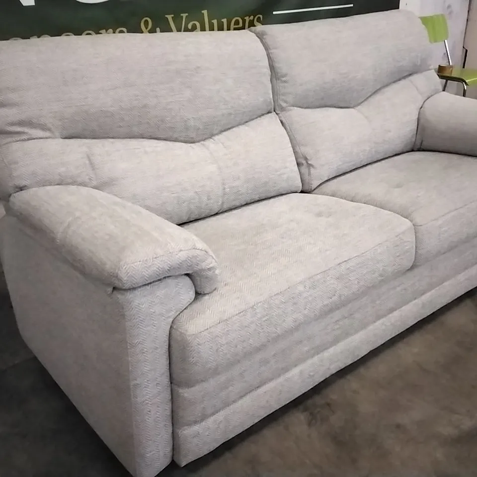 QUALITY BRITISH DESIGNED & MANUFACTURED G PLAN STRATFORD 3 SEATER CHEVRON MIST FABRIC SOFA