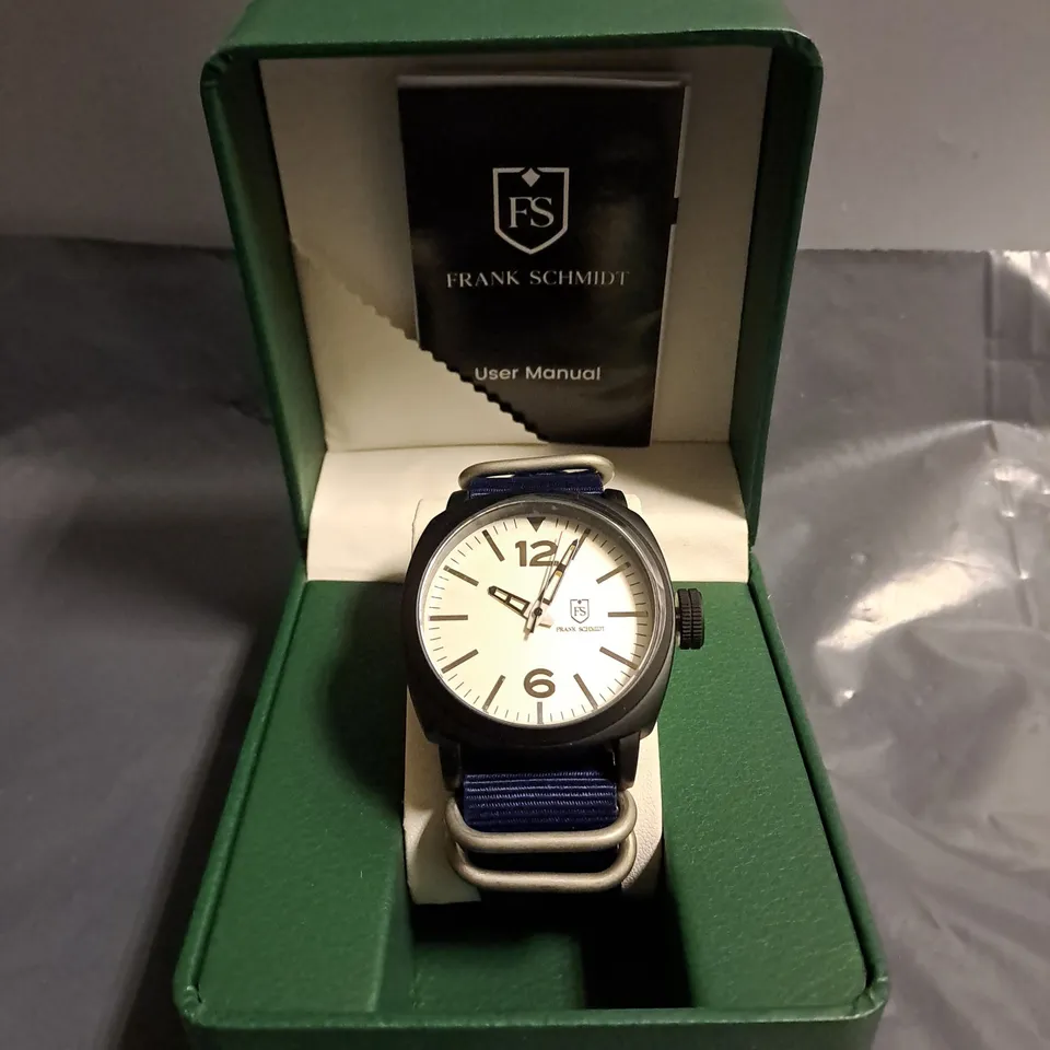 RANK SCHMIDT WATCH – LARGE BLACK CASE – WHITE PILOT DIAL – BLUE FABRIC STRAP – 3ATM WATER RESISTANT – GIFT BOX INCLUDED