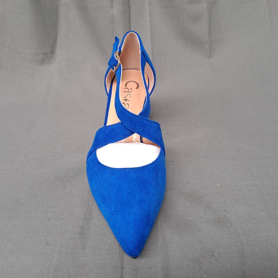 BOXED PAIR OF CASTAMERE POINTED TOE HEELED SHOES IN BLUE EU SIZE 35.5