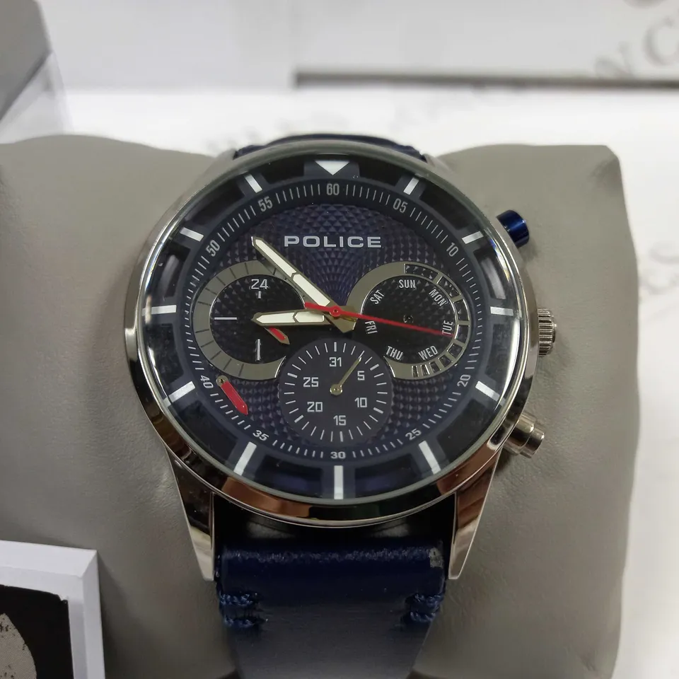 BOXED POLICE WRIST WATCH WITH NAVY FACE AND LEATHER STRAP 