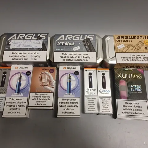 APPROXIMATELY 10 ASSORTED E-CIGARETTE PRODUCTS TO INCLUDE ARGUS GT II KIT, OXVA, ASPIRE ETC 