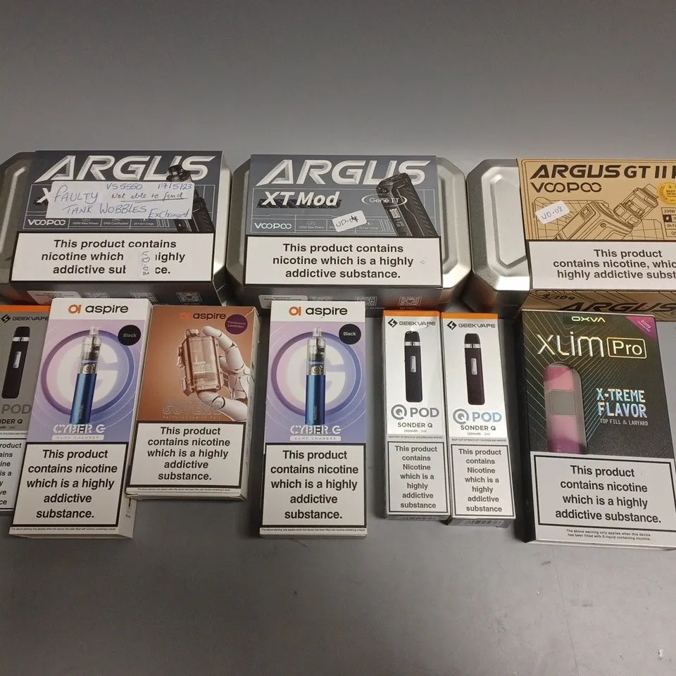 APPROXIMATELY 10 ASSORTED E-CIGARETTE PRODUCTS TO INCLUDE ARGUS GT II KIT, OXVA, ASPIRE ETC 