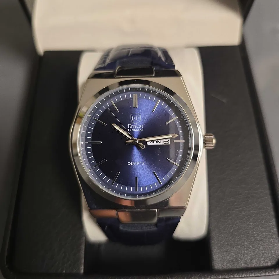 BOXED ERNEST FERDINAND BLUE DIAL GENTS WATCH WITH LEATHER STRAP
