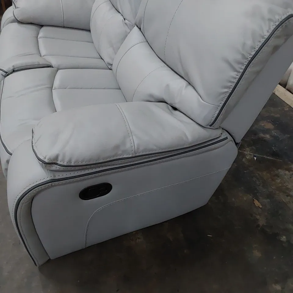 DESIGNER MANUAL RECLINING TWO SEATER SOFA LIGHT GREY LEATHER WITH CONTRASTING PIPING