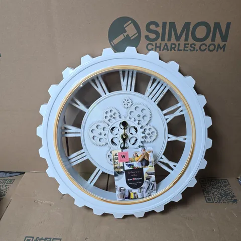 DECORATIVE GEAR-STYLE WALL CLOCK – PALE BLUE/GREY WITH EXPOSED GEARS