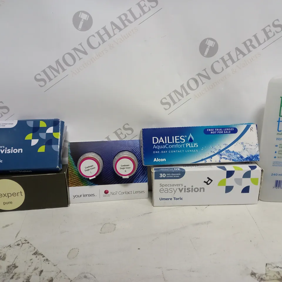 BOX OF APPROX 20 ASSORTED VISION CARE ITEMS TO INCLUDE - BIO TRUE SOLUTION - SPECSAVERS ORBA TORIC - EYEXPERT PURE CONTACT LENSES ETC